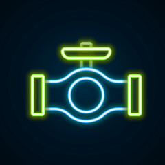 Glowing neon line Oil pipe with valve icon isolated on black background. Colorful outline concept. Vector