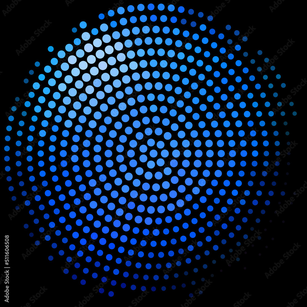Poster blue circle with halftone effect on black background