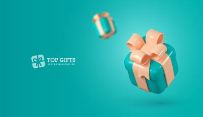 3d vector cartoon blue gift box on blue background. Realistic gift box banner ads template.