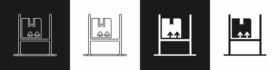 Set Warehouse interior with boxes on racks icon isolated on black and white background. Logistics, cargo, parcel storage postal service. Vector