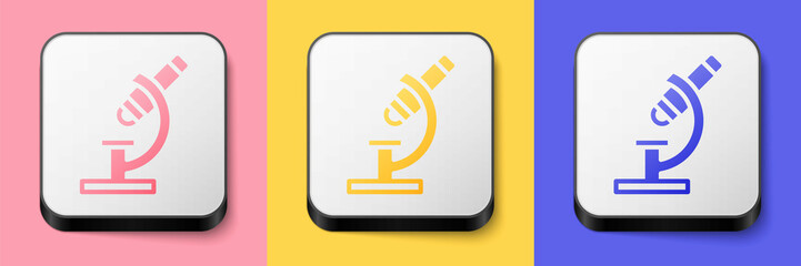 Isometric Microscope icon isolated on pink, yellow and blue background. Chemistry, pharmaceutical instrument, microbiology magnifying tool. Square button. Vector