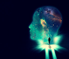 Open your mind the the wonders of the universe. Illustration of a man walking towards a huge shape...