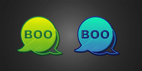 Green and blue Boo speech bubble icon isolated on black background. Happy Halloween party. Vector