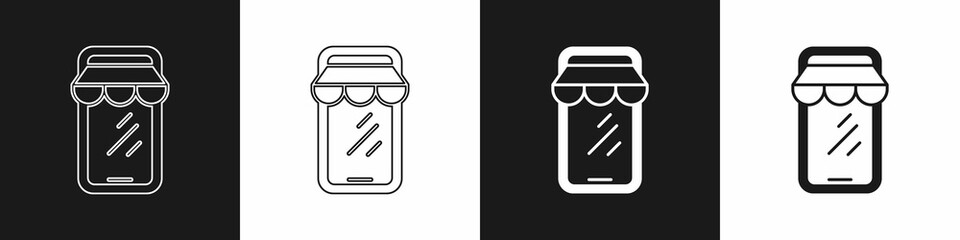 Set Online shopping on mobile phone icon isolated on black and white background. Internet shop, mobile store app and payments billing. Vector