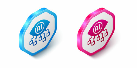 Isometric Computer vision icon isolated on white background. Technical vision, eye circuit, video surveillance system, augmented reality systems. Hexagon button. Vector