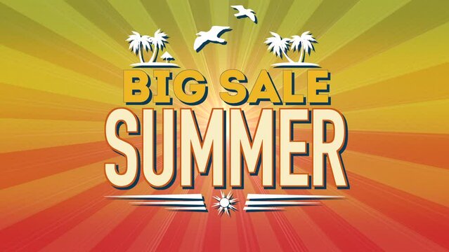 Summer Big Sale with seagulls and palms tree, motion promotion, summer and retro style background