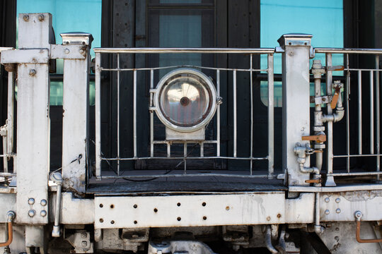 fornt of an old blue train wagon in a train railway museum, museo del ferrocarril, Puebla, Mexico