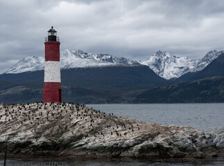 Fototapeta na wymiar lighthouse on a small rocky island where there are many birds