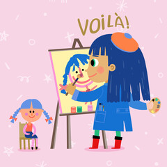 Voila Little Girl Artist With Beret Painting a Portrait of Her Doll Play With Me Cute Children Collection, Funny Kids Activities, Colorful Cartoon Vector Illustrations