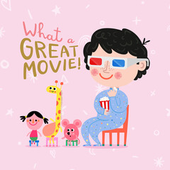 Child Pets Stuffed Animals Dolls Watching a Movie with 3d glasses and Popcorn Play With Me Cute Children Collection, Funny Kids Activities, Colorful Cartoon Vector Illustrations