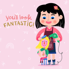 Happy Girl Hairdresser Combing a Doll Play With Me Cute Children Collection, Funny Kids Activities, Colorful Cartoon Vector Illustrations.