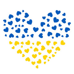 A big heart in the colors of the Ukrainian flag filled with hearts of different sizes in blue and yellow, solidarity with the people of ukraine in the white background. Heart in Vector illustration