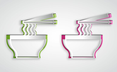Paper cut Asian noodles in bowl and chopsticks icon isolated on grey background. Street fast food. Korean, Japanese, Chinese food. Paper art style. Vector