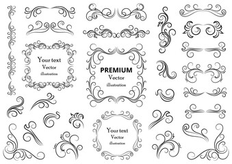 Calligraphic design elements . Decorative swirls or scrolls, vintage frames , flourishes, labels and dividers. Retro vector illustration