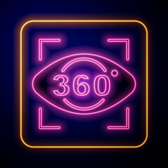 Glowing neon 360 degree view icon isolated on black background. Virtual reality. Angle 360 degree camera. Panorama photo. Vector