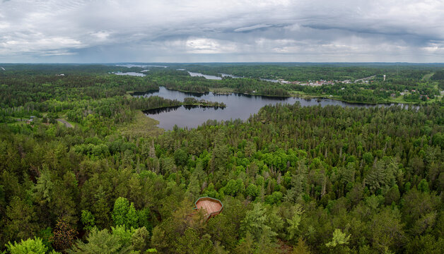 A panoramic view of the small town of Temagami, Ontario, and the surrounding area taken from atop the town's fire tower in the White Bear Forest.