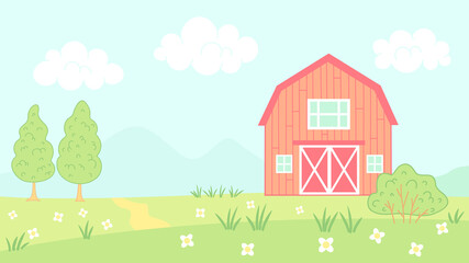 Vector illustration of barn in farm. Vector illustration farm landscape for children book.