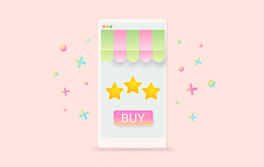 Vector illustration of phone for shopping online on website or mobile application. 3D Concept digital marketing. Vector illustration of on line shop