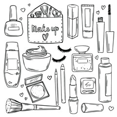 Set of vector doodle icons on the theme of makeup, beauty, makeup artist, for business cards, background, beauty salon design.