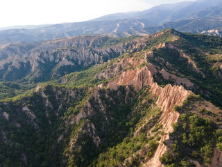 Aerial sunset view of Rozhen sand pyramids, Bulgaria