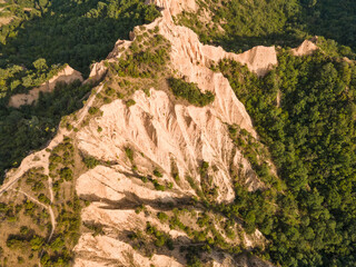 Aerial sunset view of Rozhen sand pyramids, Bulgaria