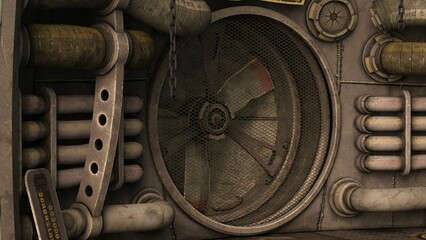 3D-illustration of a ventilation room in a science fiction starship