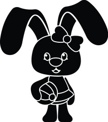 Black and White Cartoon Illustration Vector of a Baby Bunny Standing with Beach Ball in a Swim Suit and Bow
