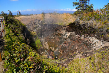 Steam vents along the Crater Rim Trail around the Kilauea volcano in the Hawaiian Volcanoes National Park on the Big Island of Hawai'i in the Pacific Ocean