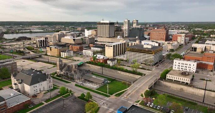 Peoria Illinois Downtown City Center Skyline Aerial 4K UHD