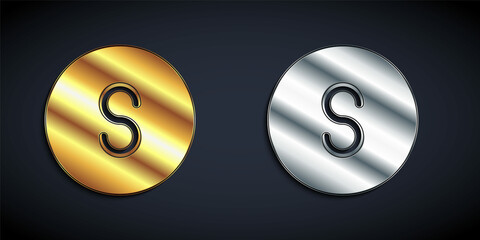 Gold and silver Compass south icon isolated on black background. Windrose navigation symbol. Wind rose sign. Long shadow style. Vector