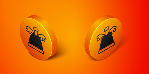 Isometric Angel icon isolated on orange background. Merry Christmas and Happy New Year. Orange circle button. Vector