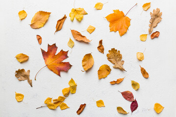 Autumn composition. Pattern made of dried leaves and other design accessories on table. Flat lay, top view