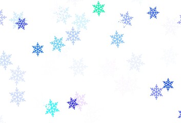 Light Pink, Green vector template with ice snowflakes, stars.