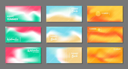 Summer season blurred backgrounds set with abstract soft color gradient patterns. Summertime collection for brochures, posters, banners, flyers and cards. Vector illustration.