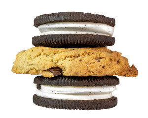 Isolated sandwich cookie with chocolate chip cookie center.