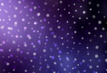 Dark Purple vector background with xmas snowflakes, stars.