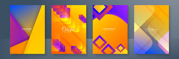 Set of color abstract geometric shapes poster background. Colorful gradient elements for minimal banner, logo, social post. Futuristic trendy dynamic A4 brochure banners. Abstract background.