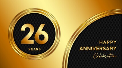 26 Years Anniversary logo with gold color for booklets, leaflets, magazines, brochure posters, banners, web, invitations or greeting cards. Vector illustration.