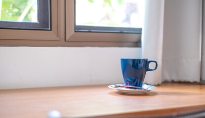 blue coffee mug is placed beside the window in the morning, Relax time, Fresh weak up