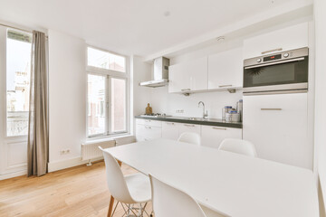 Interior of spacious light kitchen with modern white furniture and pop art portrait in light apartment