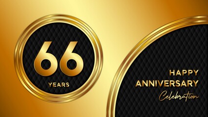 66 Years Anniversary logo with gold color for booklets, leaflets, magazines, brochure posters, banners, web, invitations or greeting cards. Vector illustration.
