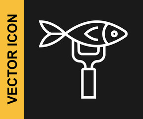 White line Dried fish icon isolated on black background. Vector
