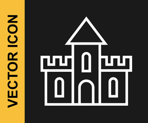 White line Sand castle icon isolated on black background. Vector