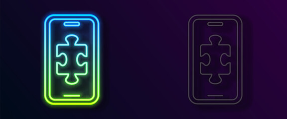 Glowing neon line Smartphone and playing in game icon isolated on black background. Mobile gaming concept. Vector