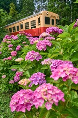 沿線のアジサイとレトロ列車　小湊鉄道