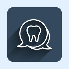 White line Tooth icon isolated with long shadow background. Tooth symbol for dentistry clinic or dentist medical center and toothpaste package. Blue square button. Vector