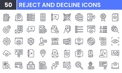 Reject and Decline vector line icon set. Contains linear outline icons like Cancel, Wrong, Close, Delete, Cross, Deny, Remove, X. Editable use and stroke for web.