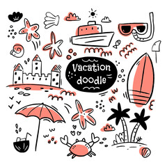 Vector doodle vacation illustration of stickers on the white background. Summer cute doodles for poster, greeting card, print, stickers. Creative hand drawn doodle set.