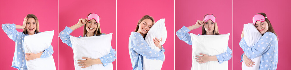 Collage with photos of young woman holding soft pillows on pink background. Banner design