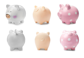 Set with different piggy banks on white background. Money saving
